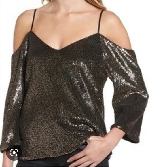 BARDOT Gold Sequin Cold Shoulder Blouse - Picture 1 of 16